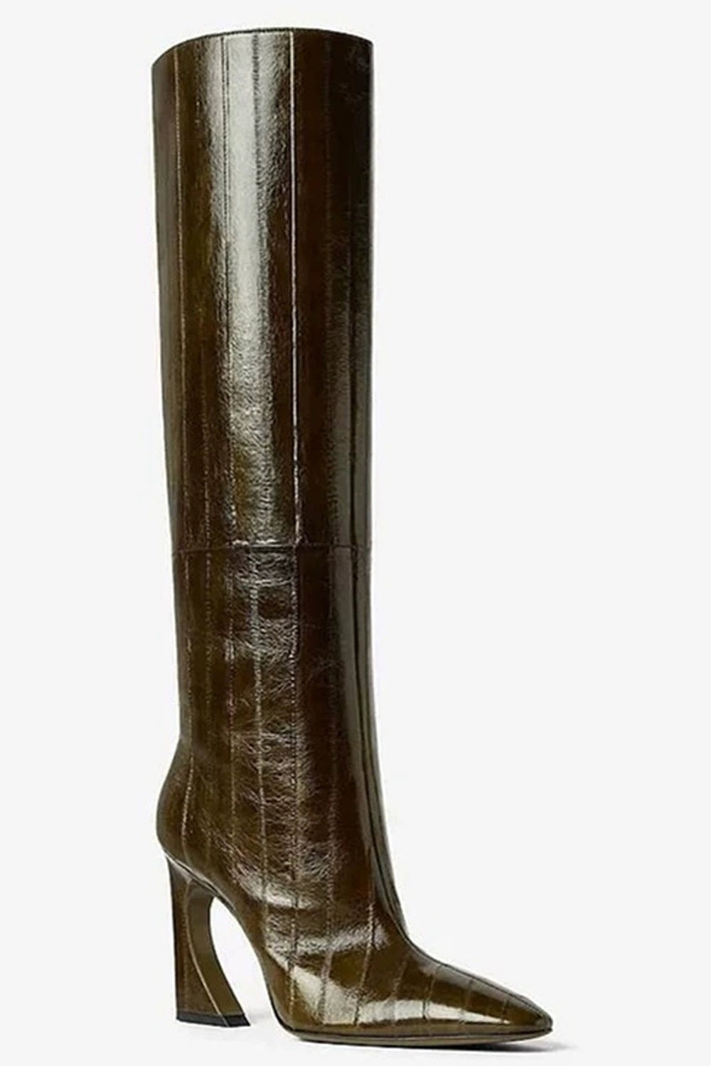 Olive Green Knee-High Fashion Boots with Square Toe Unique Heels