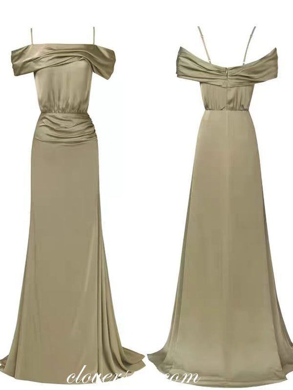 Olive Green Mismatched Fashion Silk Satin Sheath With Slit Long Bridesmaid Dresses, CB0307