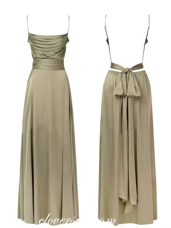 Olive Green Mismatched Fashion Silk Satin Sheath With Slit Long Bridesmaid Dresses, CB0307