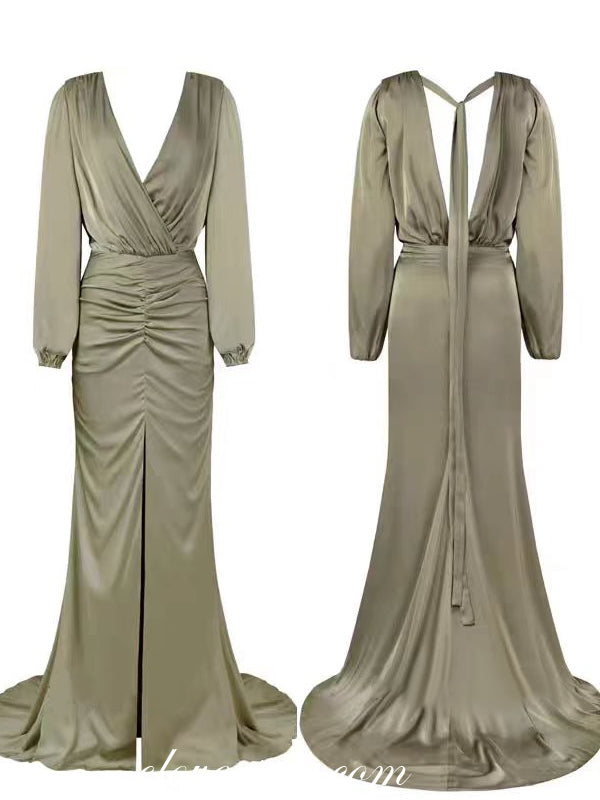 Olive Green Mismatched Fashion Silk Satin Sheath With Slit Long Bridesmaid Dresses, CB0307