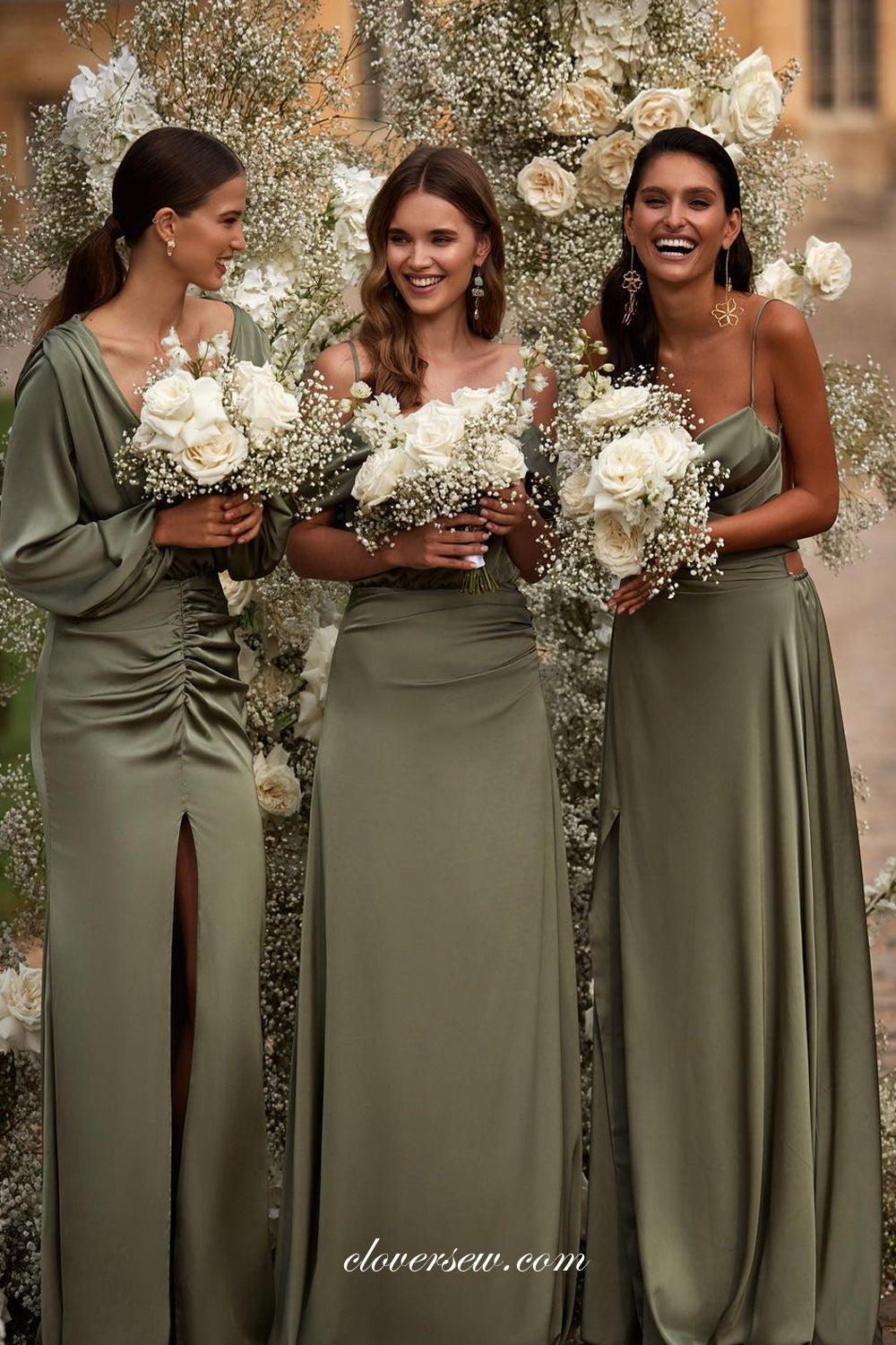 Olive Green Mismatched Fashion Silk Satin Sheath With Slit Long Bridesmaid Dresses, CB0307