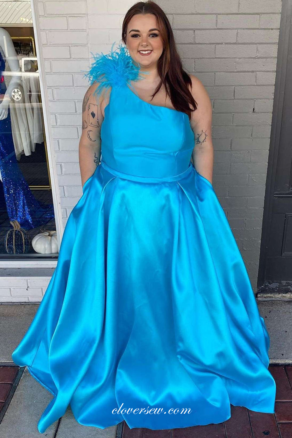 One Shoulder Satin With Feather Strap A-line Plus Size Simple Prom Dresses, CP1065 One Shoulder Satin With Feather Strap A-line Plus Size Simple Prom Dresses, CP1065