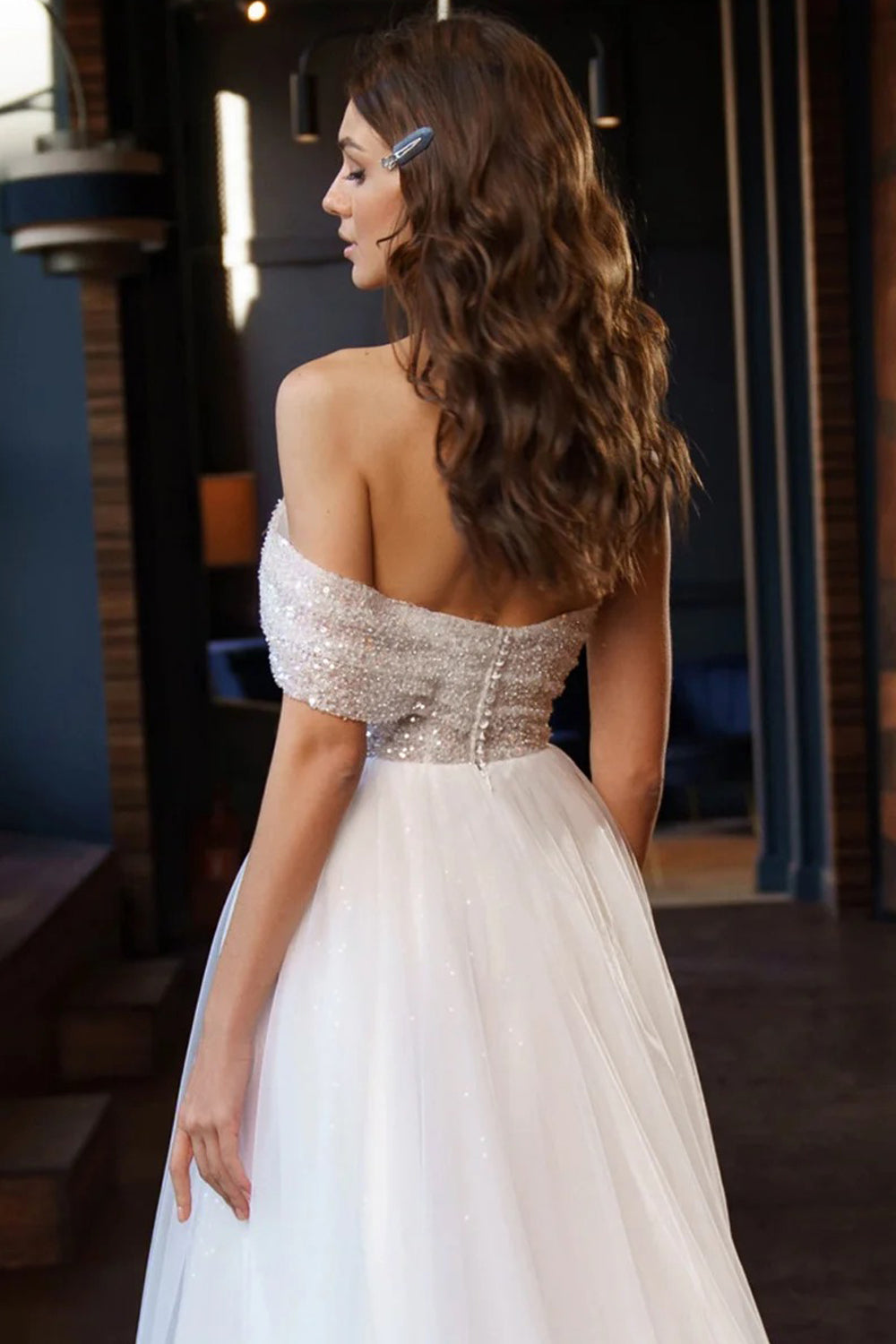 One Shoulder Sequined Tulle Glitter Shiny A-line Wedding Dresses, CW0421