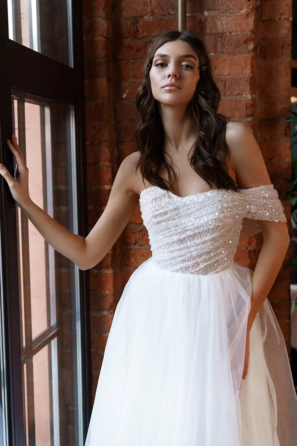 One Shoulder Sequined Tulle Glitter Shiny A-line Wedding Dresses, CW0421