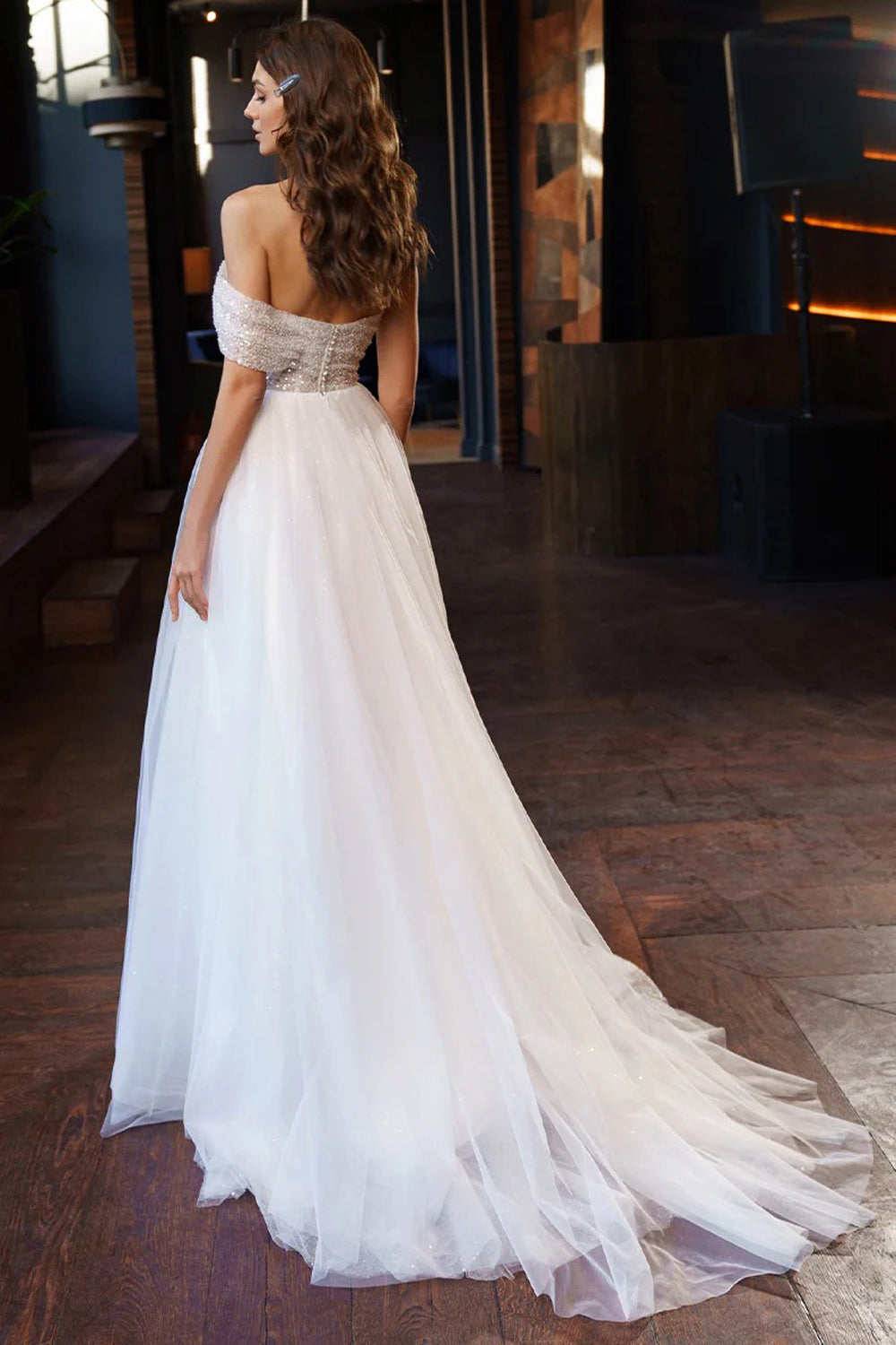 One Shoulder Sequined Tulle Glitter Shiny A-line Wedding Dresses, CW0421