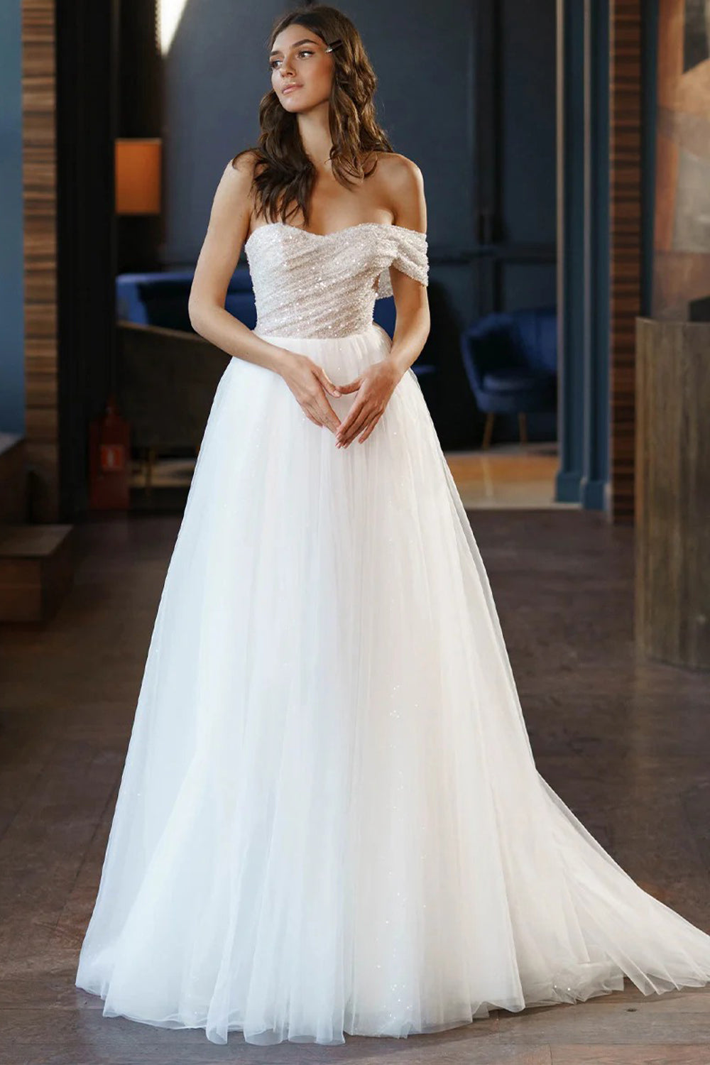 One Shoulder Sequined Tulle Glitter Shiny A-line Wedding Dresses, CW0421