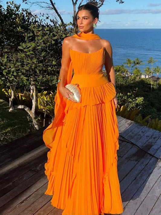 Orange Pleating Chiffon Strapless Ruffles A-line With Shawl Prom Dresses, CP1096