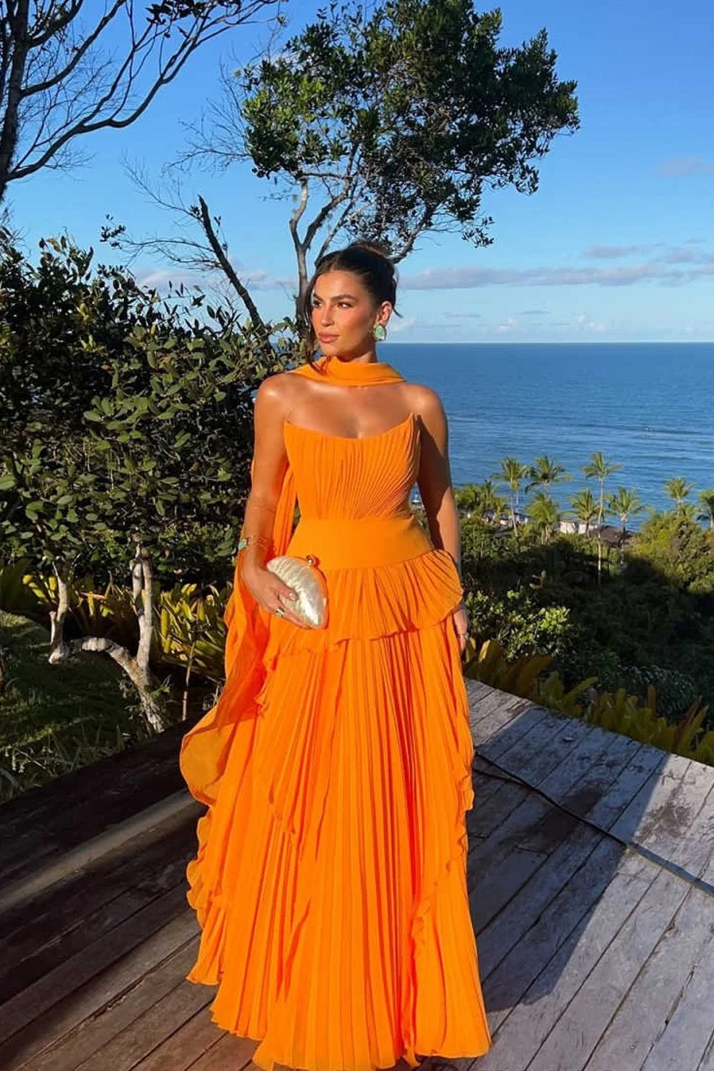 Orange Pleating Chiffon Strapless Ruffles A-line With Shawl Prom Dress clover sew Orange Pleating Chiffon Strapless Ruffles A-line With Shawl Prom Dress clover sew