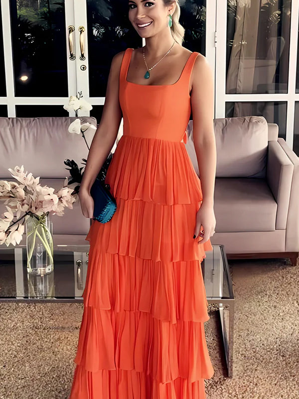 Orange Satin Pleating Ruffles Tiered Square Neck prom Dresses, CP1067