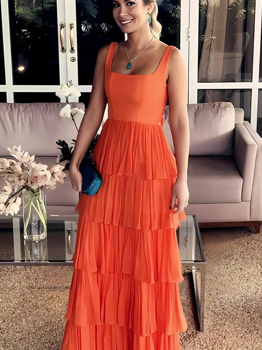 Orange Satin Pleating Ruffles Tiered Square Neck prom Dresses, CP1067