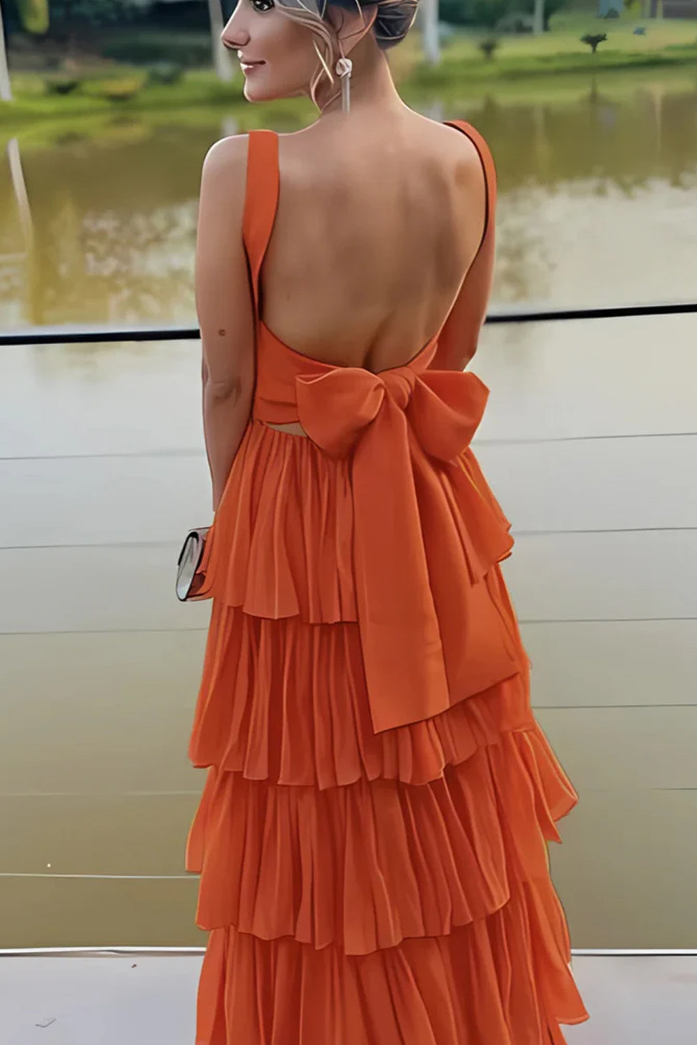 Orange Satin Pleating Ruffles Tiered Square Neck prom Dresses, CP1067