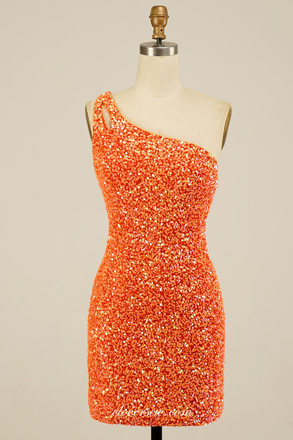 Orange Sequin One Shoulder Open Back Sheath Short Fashion Dresses, CH0071