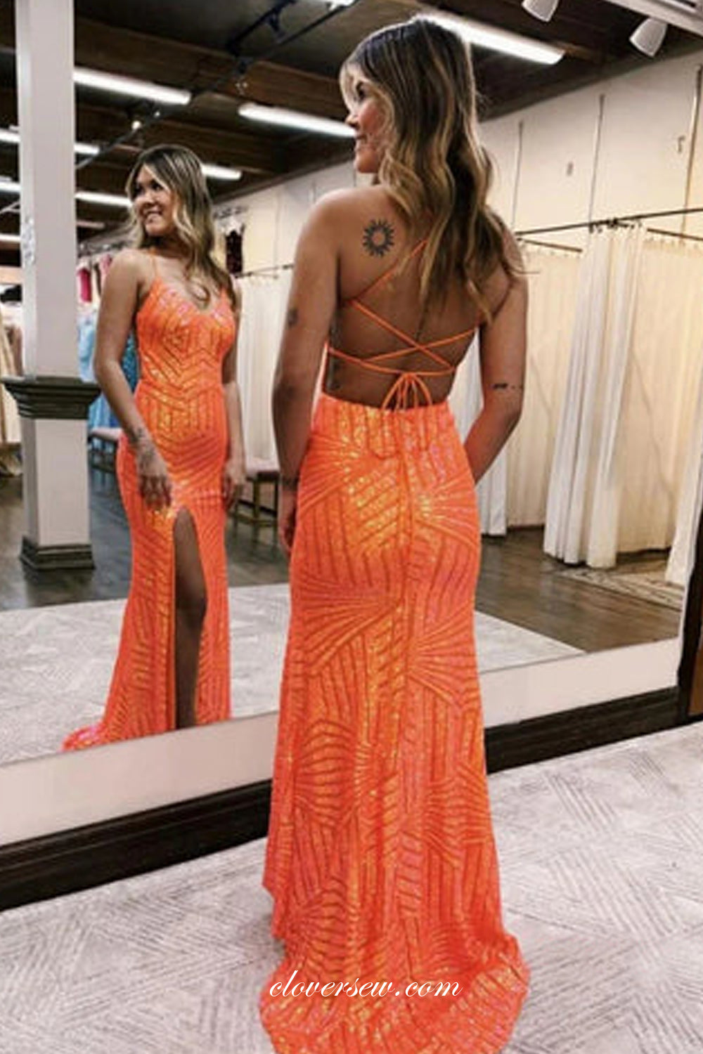 Orange Sequined Tulle Spaghetti Strap Open Back Side Slit Prom Dresses, CP1028