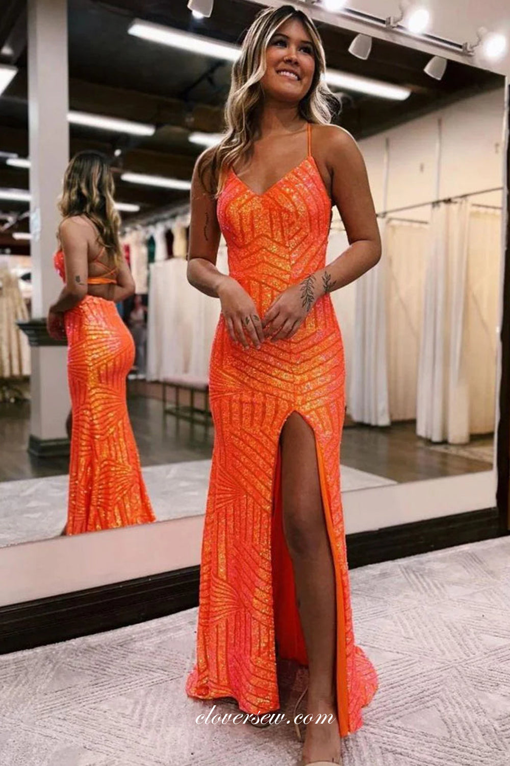 Orange Sequined Tulle Spaghetti Strap Open Back Side Slit Prom Dresses clover sew Orange Sequined Tulle Spaghetti Strap Open Back Side Slit Prom Dresses clover sew