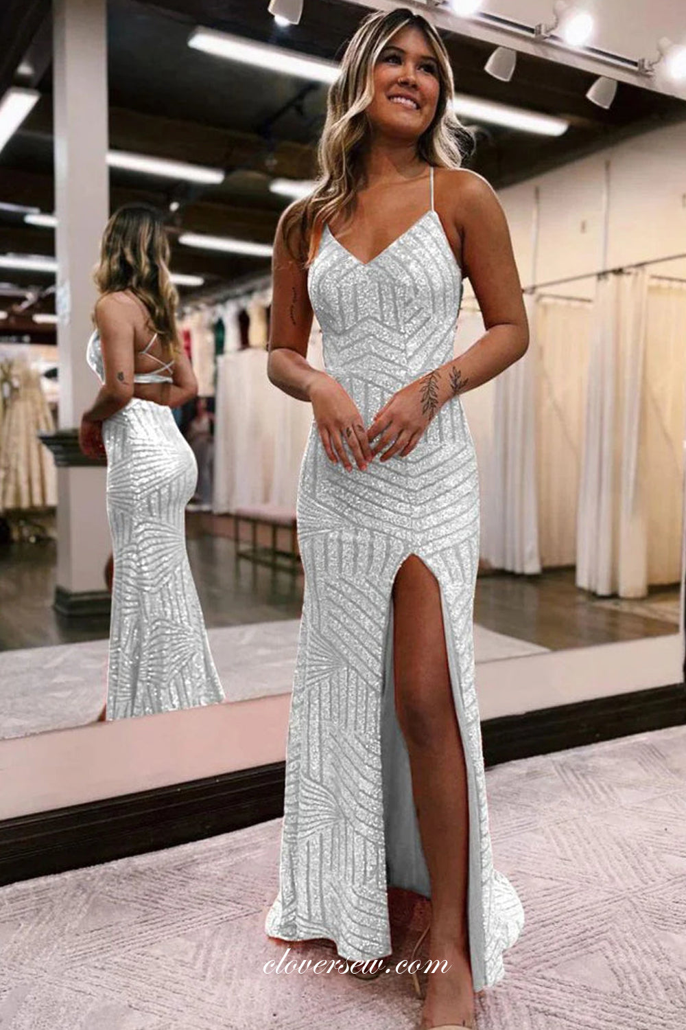 Orange Sequined Tulle Spaghetti Strap Open Back Side Slit Prom Dresses, CP1028