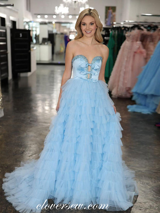 Pale Blue Beading Strapless With Bowknot Ruffles Tulle Tiered A-line Prom Dresses, CP1122