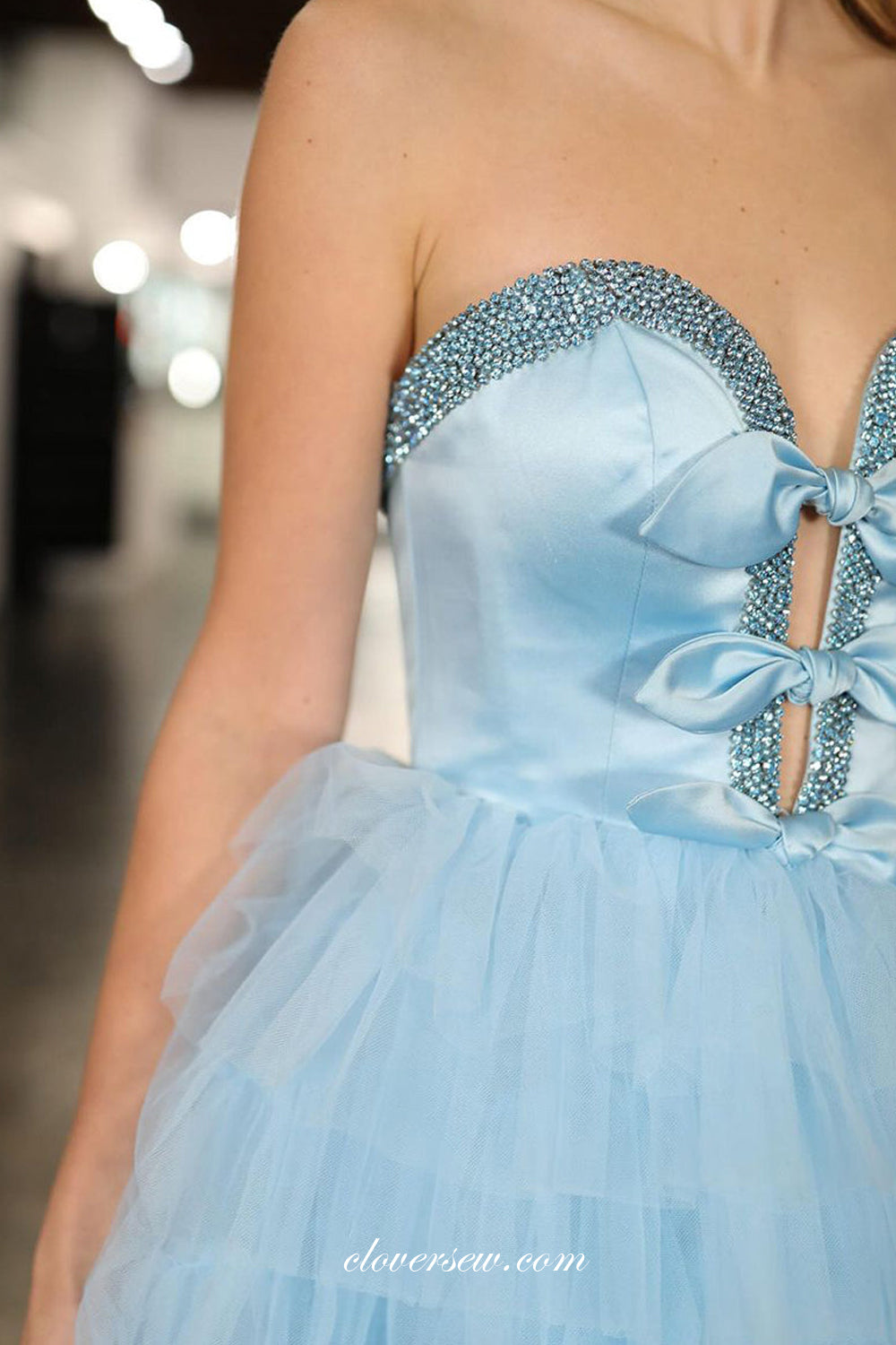Pale Blue Beading Strapless With Bowknot Ruffles Tulle Tiered A-line Prom Dresses, CP1122