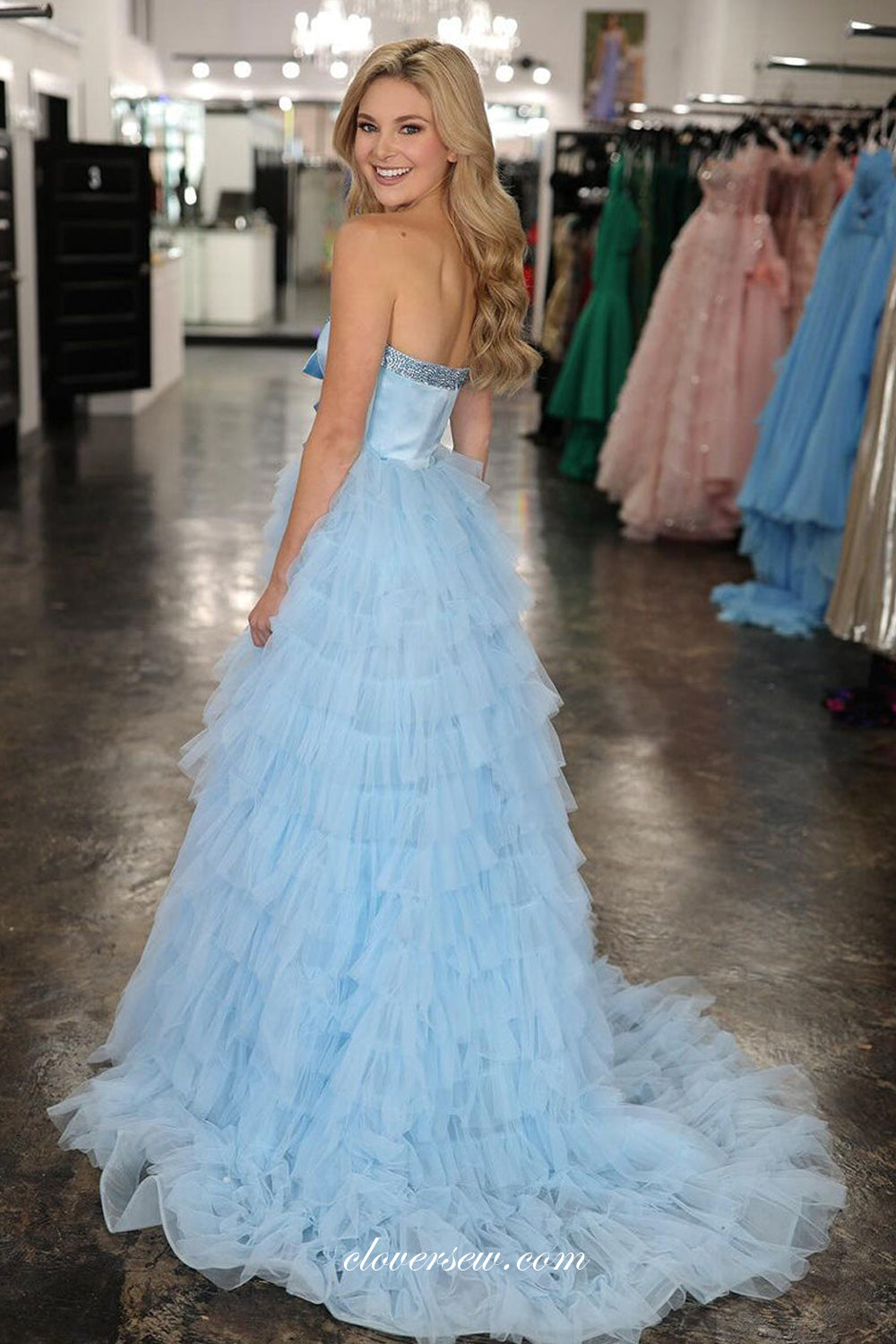 Pale Blue Beading Strapless With Bowknot Ruffles Tulle Tiered A-line Prom Dresses, CP1122