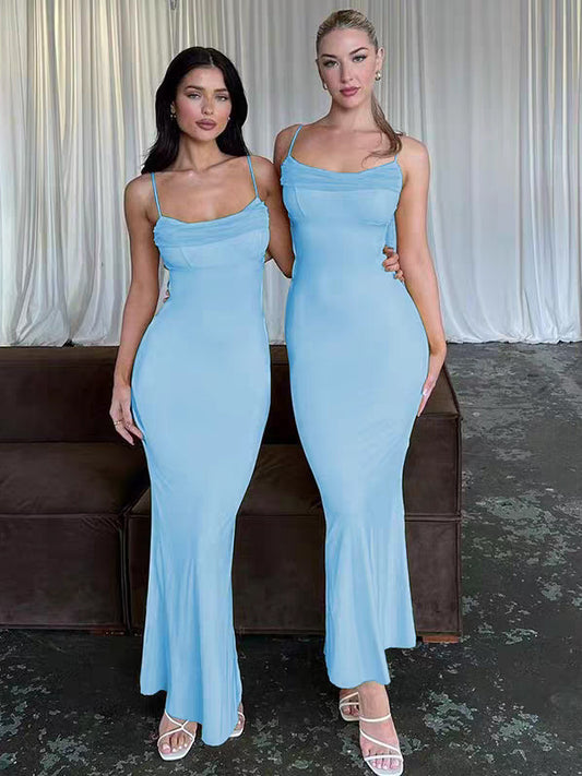 Pale Blue Jersey Spaghetti Strap Mermaid Ankle Length Bridesmaid Dresses, CB0334