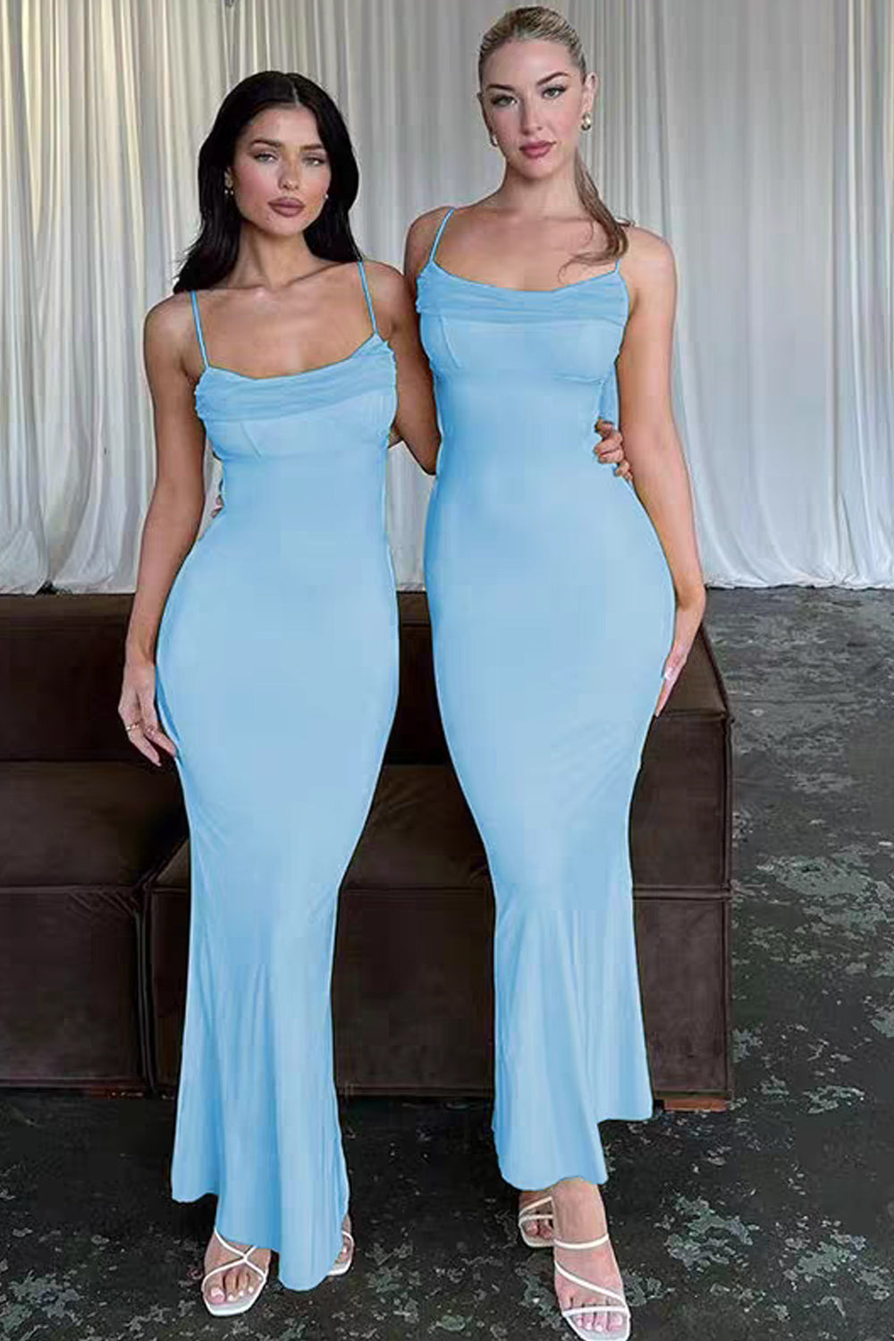 Pale Blue Jersey Spaghetti Strap Mermaid Ankle Length Bridesmaid Dresses, CB0334