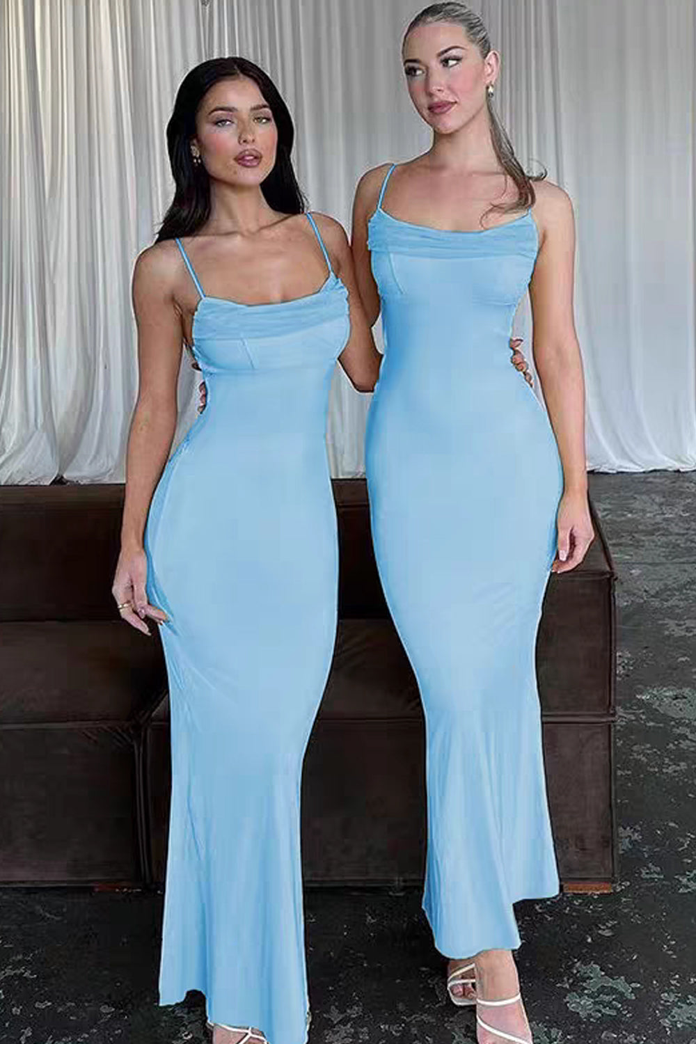 Pale Blue Jersey Spaghetti Strap Mermaid Ankle Length Bridesmaid Dresses, CB0334