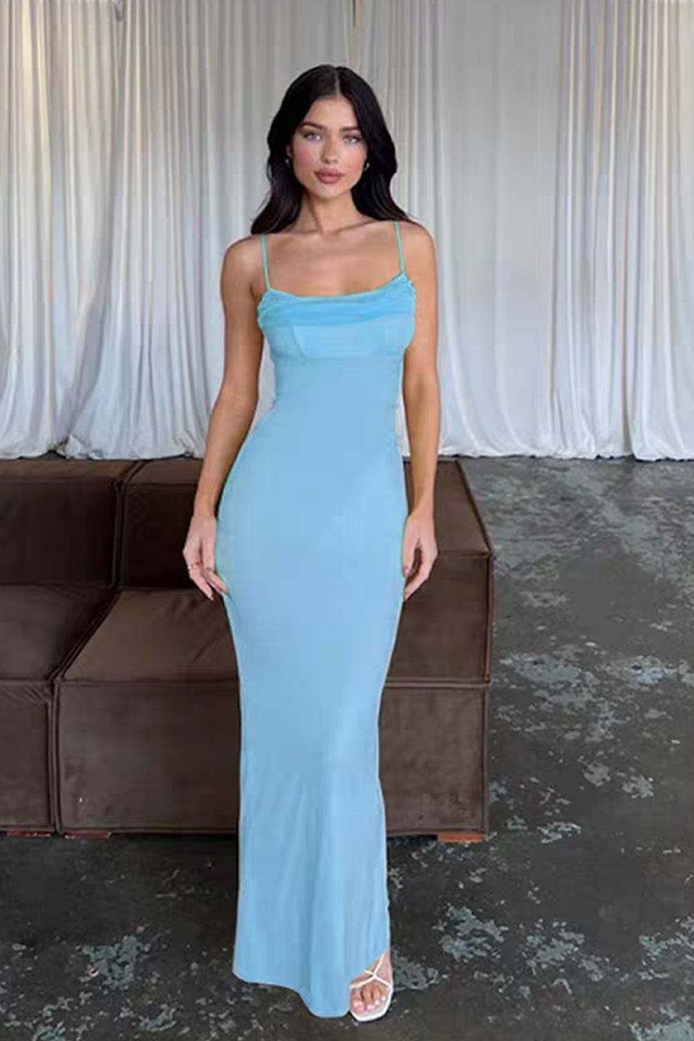 Pale Blue Jersey Spaghetti Strap Mermaid Ankle Length Bridesmaid Dresses, CB0334