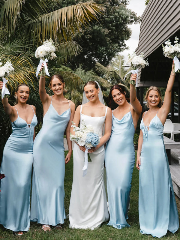 Pale Blue Mismatched Silk Satin Spaghetti Strap Long Bridesmaid Dresses, CB0339