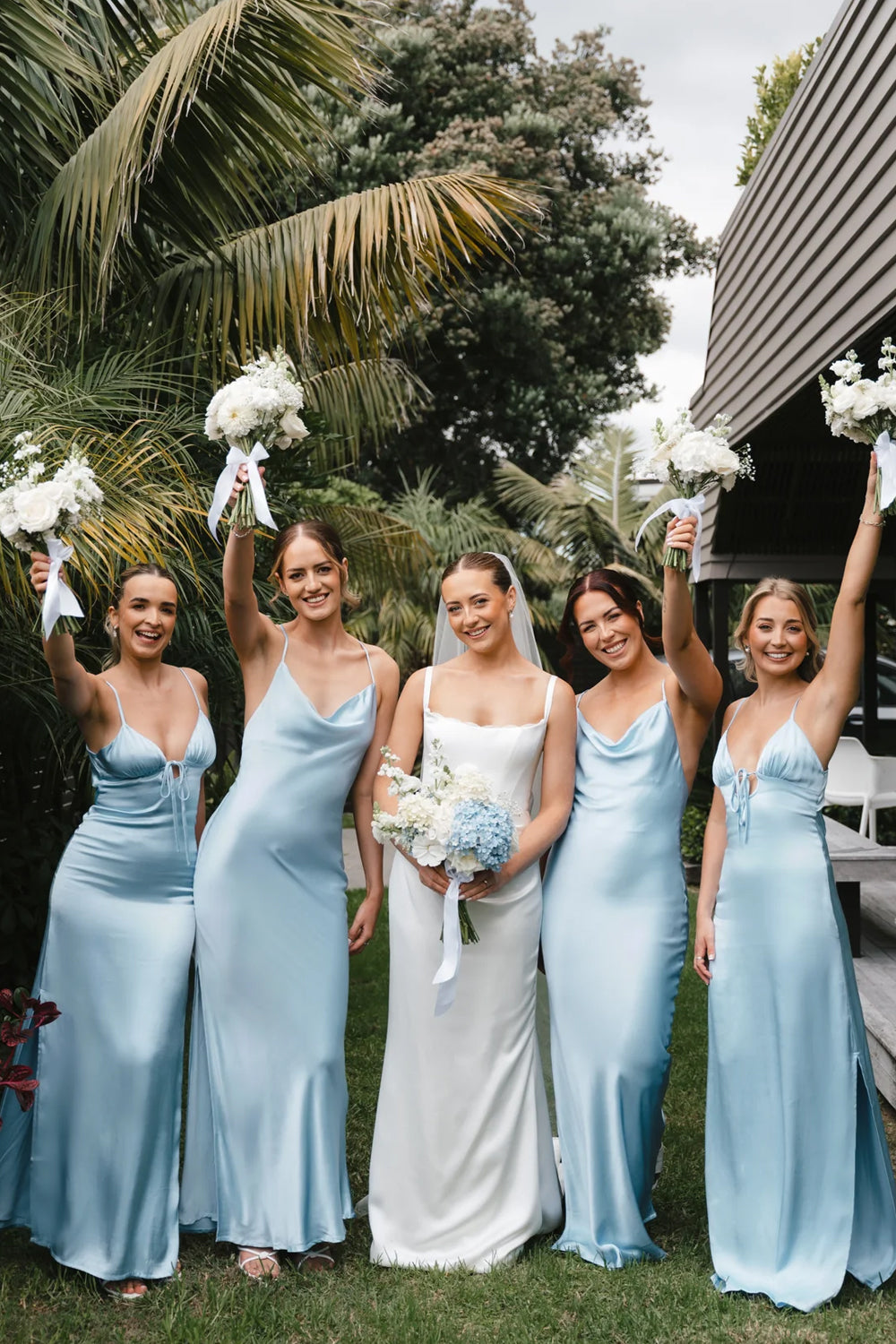 Pale Blue Mismatched Silk Satin Spaghetti Strap Long Bridesmaid Dresses, CB0339