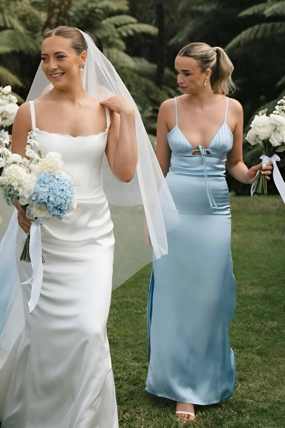 Pale Blue Mismatched Silk Satin Spaghetti Strap Long Bridesmaid Dresses, CB0339