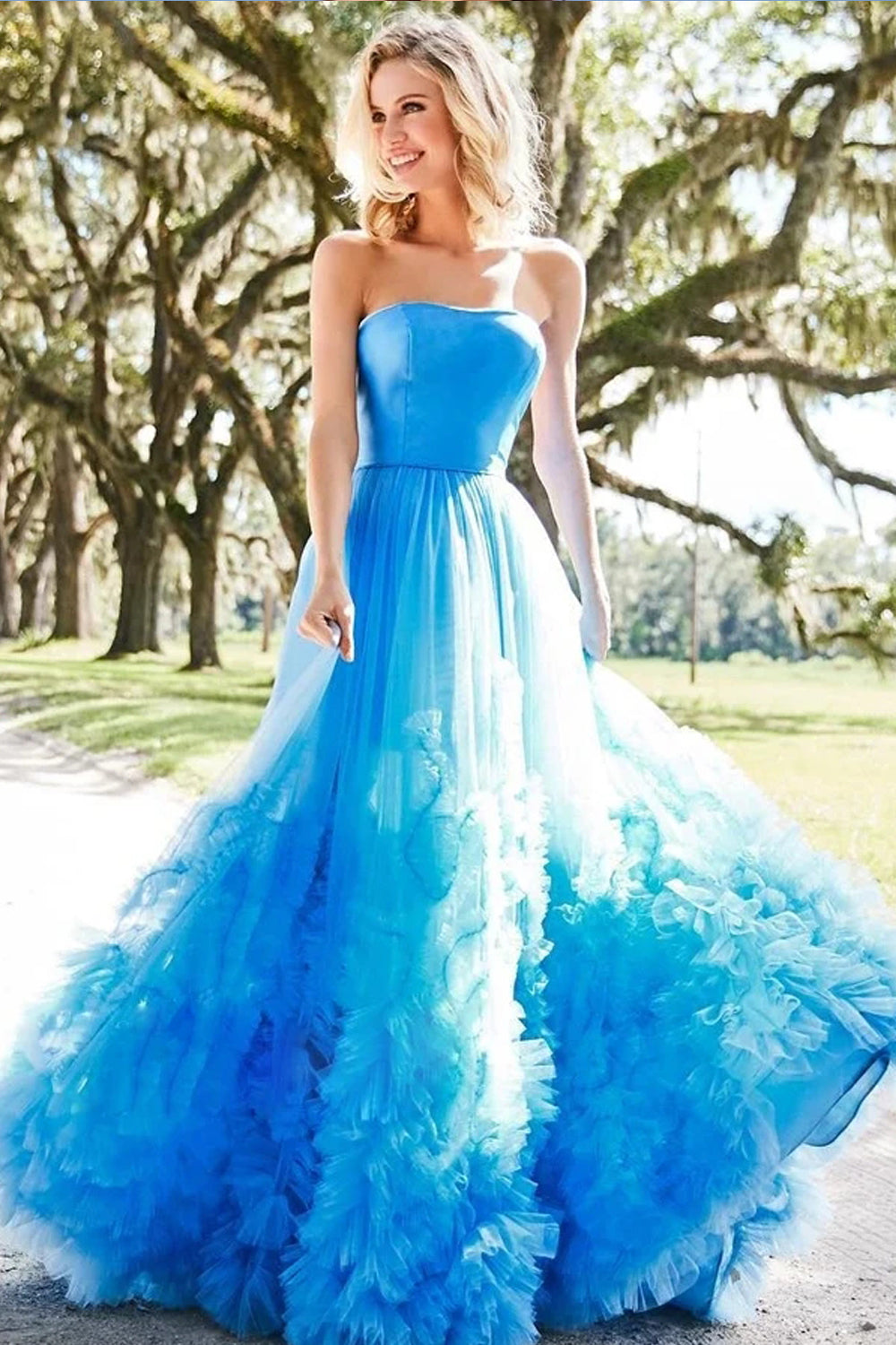 Pale Blue Satin Pleating Tulle Strapless A-line Prom Dresses, CP1205