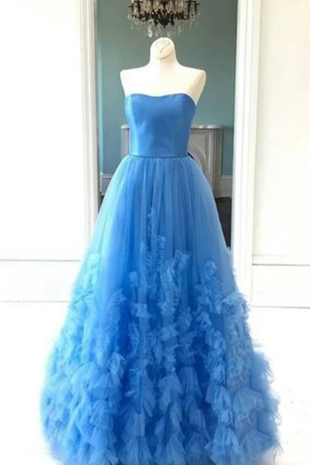 Pale Blue Satin Pleating Tulle Strapless A-line Prom Dresses, CP1205