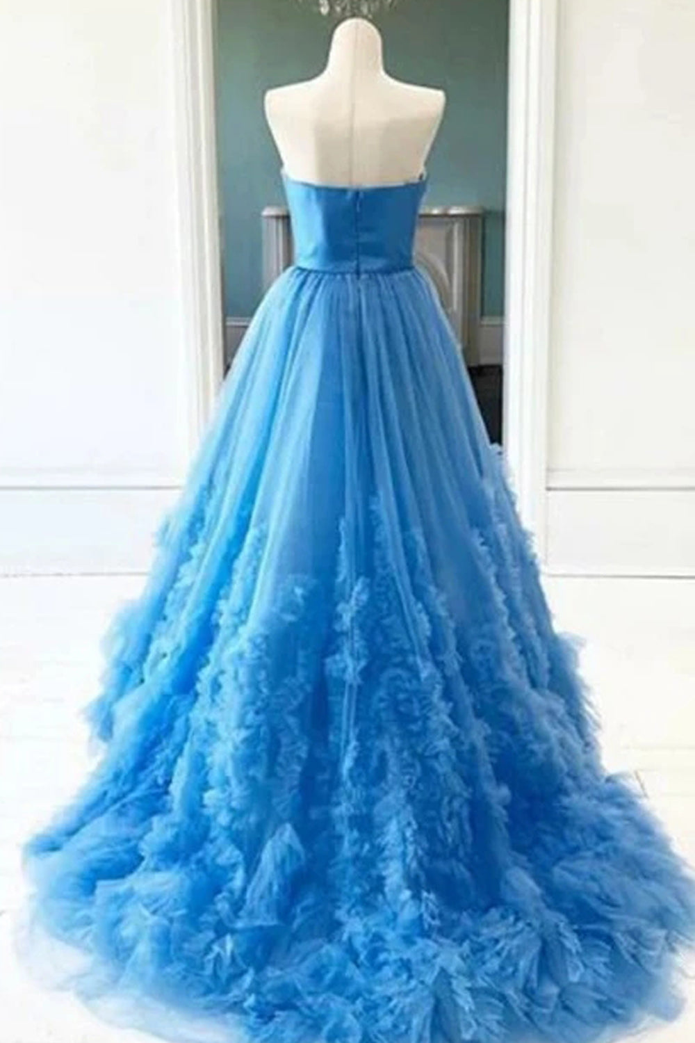 Pale Blue Satin Pleating Tulle Strapless A-line Prom Dresses, CP1205