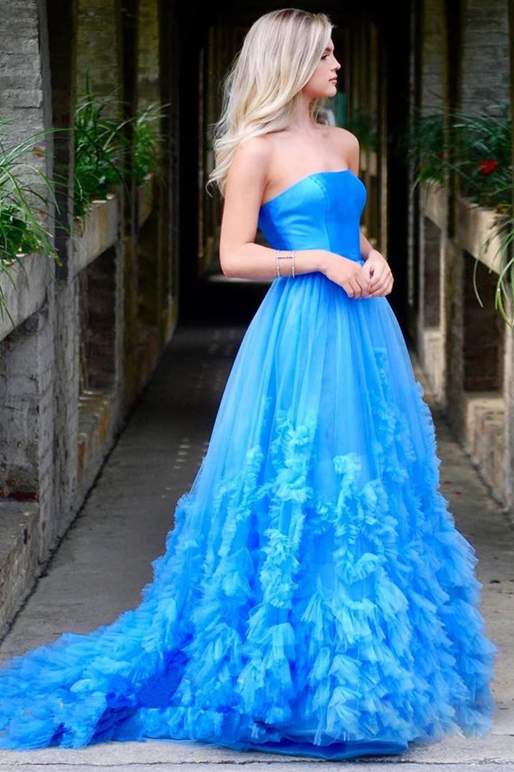 Pale Blue Satin Pleating Tulle Strapless A-line Prom Dresses, CP1205