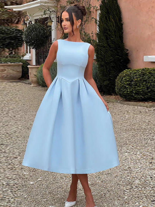 Pale Blue Satin Vintage Sleeveless A-line Tea-length A-line Formal Party Dresses, CH0107