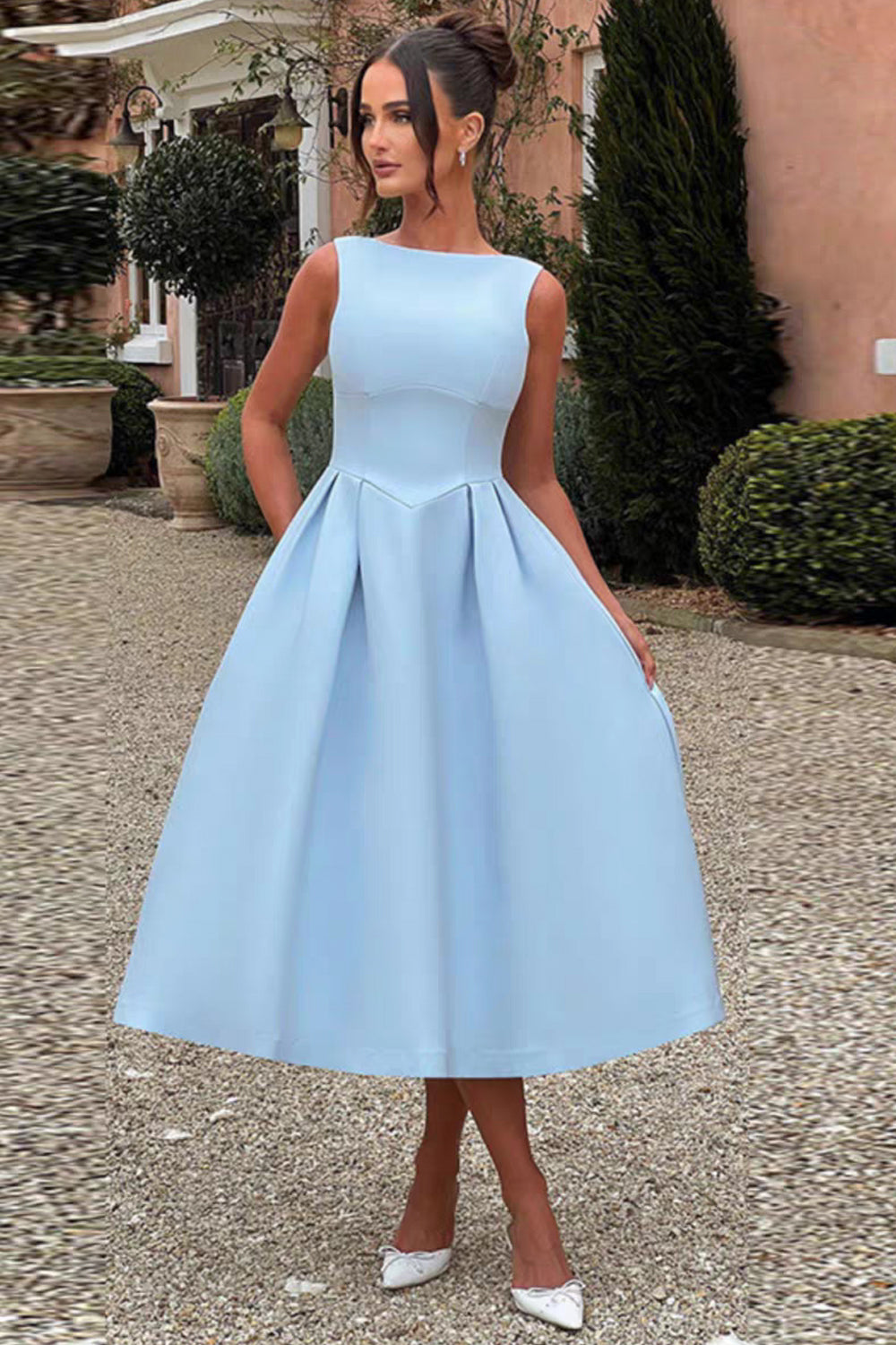 Pale Blue Satin Vintage Sleeveless A-line Tea-length A-line Formal Party Dresses, CH0107