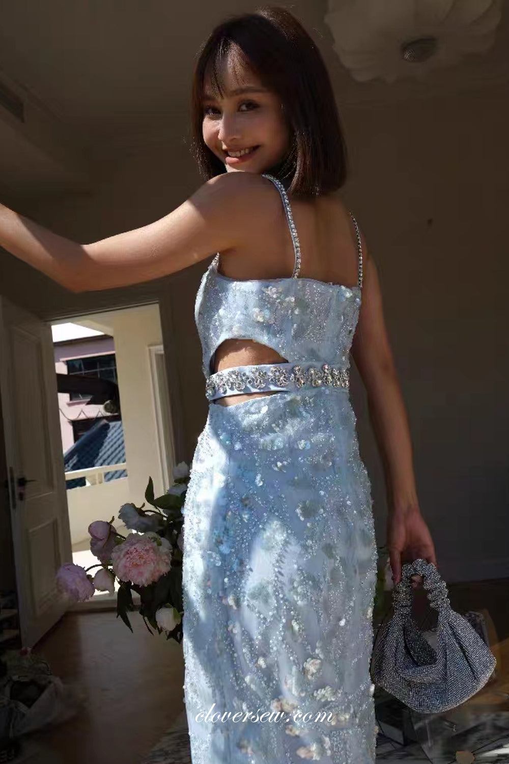 Pale Blue Sequined Lace Shiny Column with Silt Short Party Dresses, CB0297 Custom Size(Leaving A note) / As Pic Pale Blue Sequined Lace Shiny Column with Silt Short Party Dresses, CB0297 Custom Size(Leaving A note) / As Pic