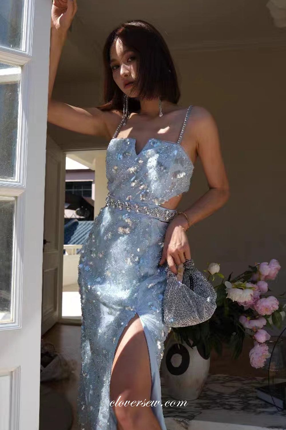 Pale Blue Sequined Lace Shiny Column With Silt Short Party Dresses, CB0297 US16 / As Pic