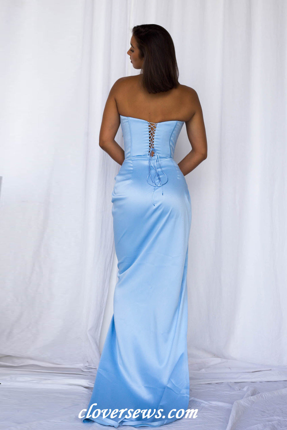 Pale Blue Silk Satin Strapless Sheath With High Slit Fashion Prom Dresses,CP1155
