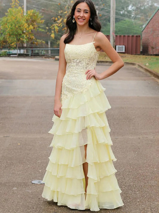 Pale Yellow Spaghetti Strap Lace Organza Tiered Ruffles A-line Prom Dresses, CP1056