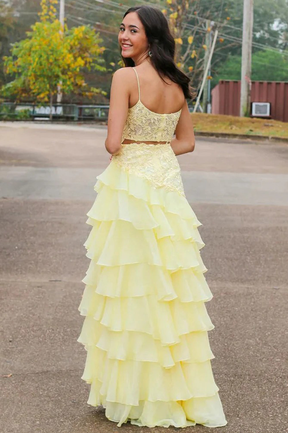 Pale Yellow Spaghetti Strap Lace Organza Tiered Ruffles A-line Prom Dresses, CP1056