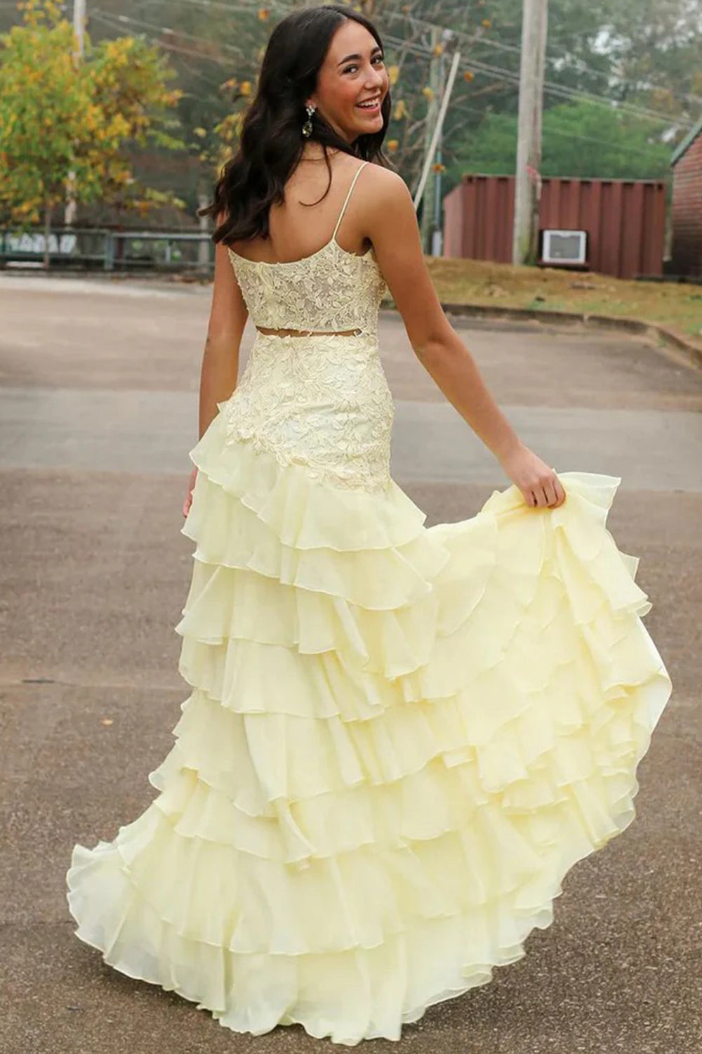 Pale Yellow Spaghetti Strap Lace Organza Tiered Ruffles A-line Prom Dresses, CP1056