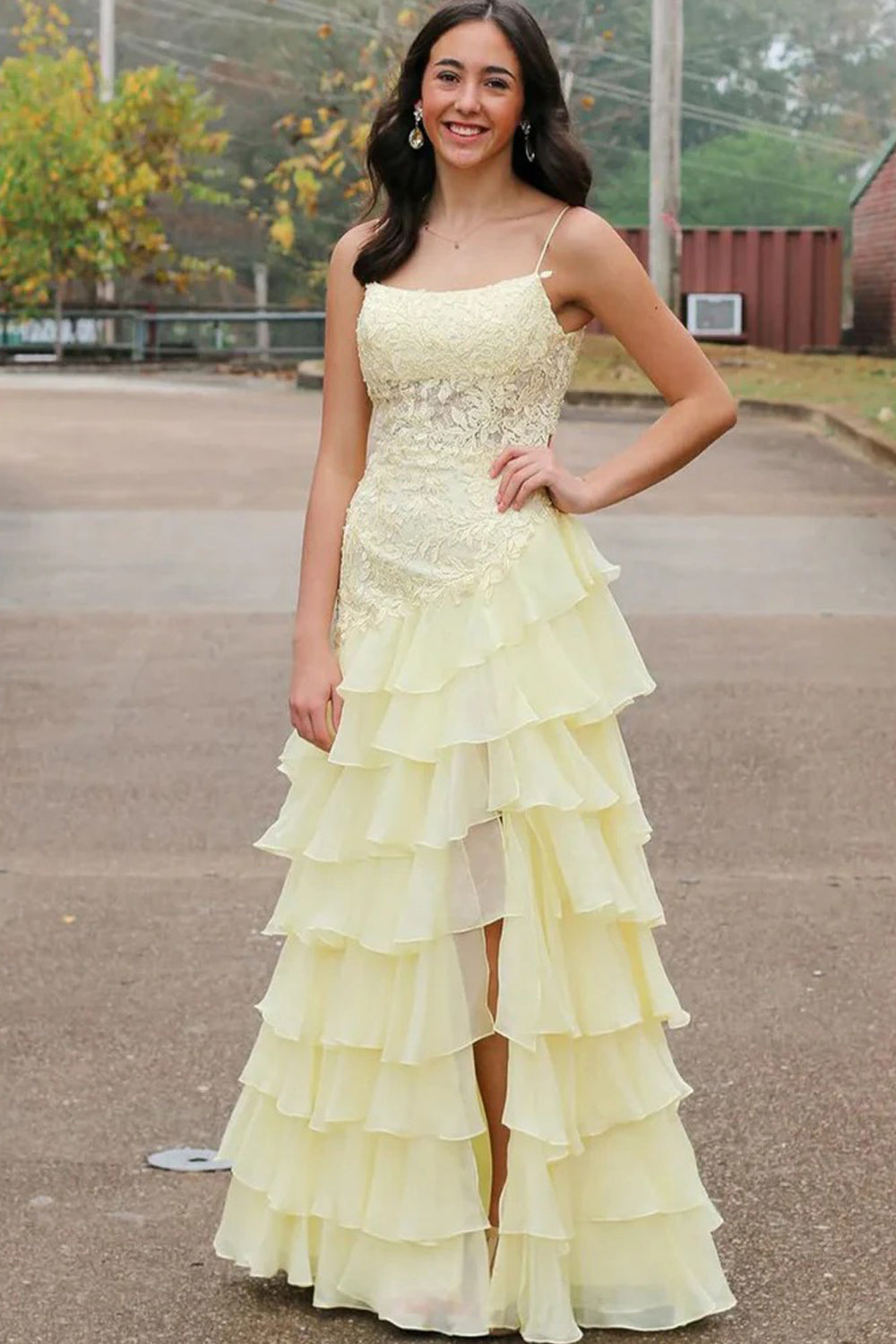 Pale Yellow Spaghetti Strap Lace Organza Tiered Ruffles A-line Prom Dresses, CP1056
