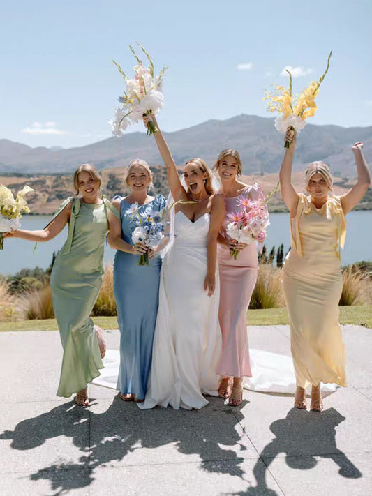 Pastel Color Silk Satin Sleeveless Sheath With Back Slit Ankle Length Bridesmaid Dresses, CB0338