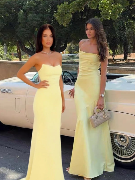 Pastel Yellow Mismatched Mermaid Lace Up Back Long Bridesmaid Dresses, CB0336
