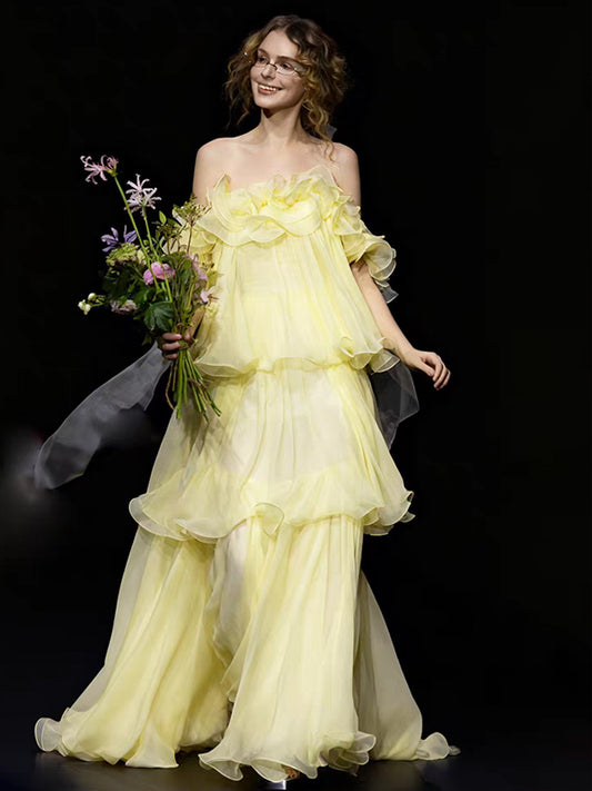 Pastel Yellow Ruffles Tiered A-line Off The Shoulder Prom Dresses, CP1089