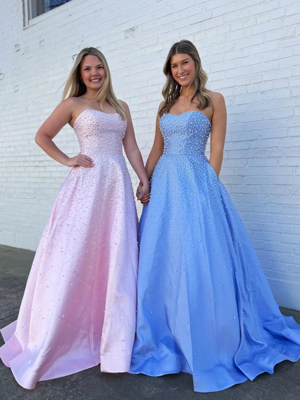 Pearls Beads Satin Sweetheart Strapless Lace-up Back A-line Prom Dresses, CP1209