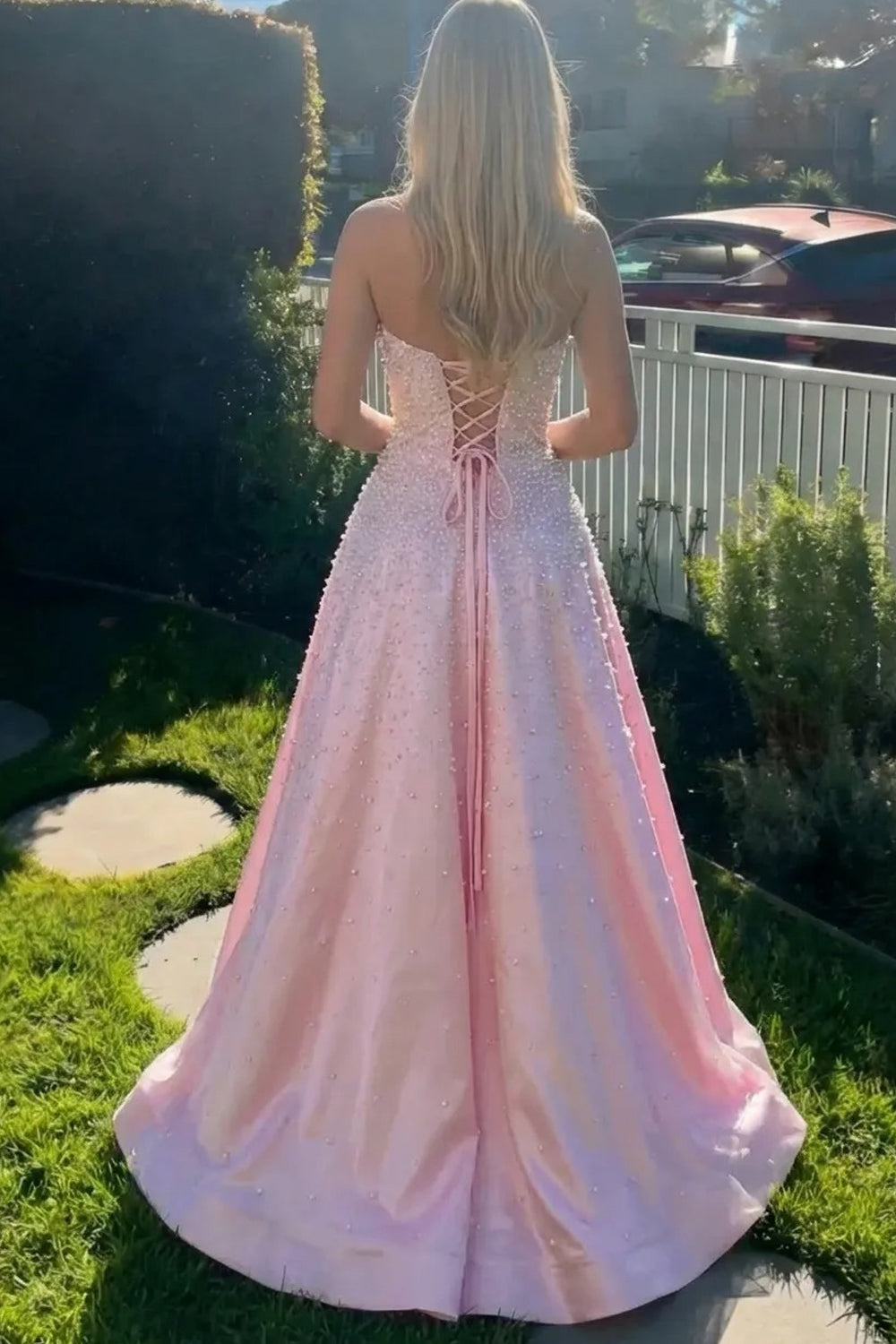 Pearls Beads Satin Sweetheart Strapless Lace-up Back A-line Prom Dresses, CP1209