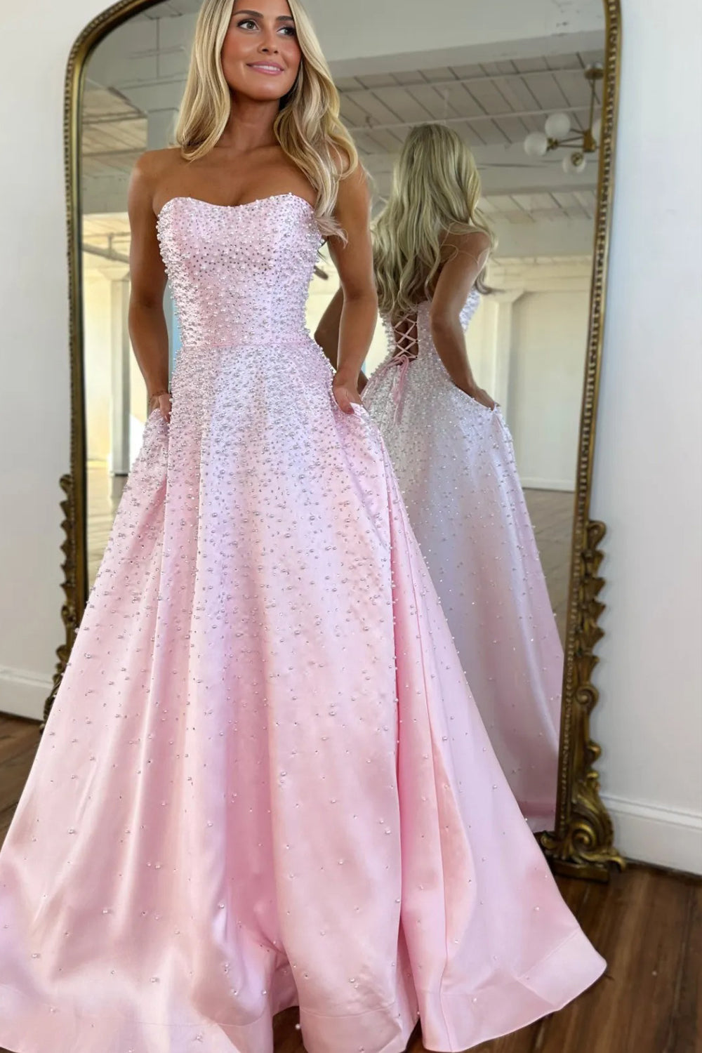 Pearls Beads Satin Sweetheart Strapless Lace-up Back A-line Prom Dresses, CP1209