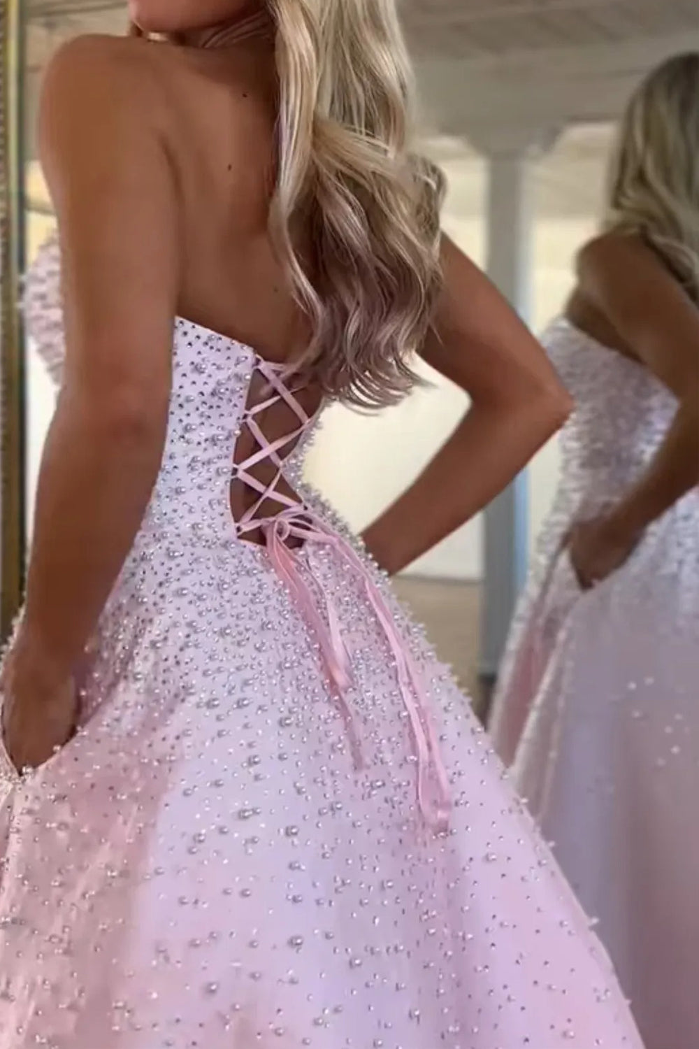 Pearls Beads Satin Sweetheart Strapless Lace-up Back A-line Prom Dresses, CP1209