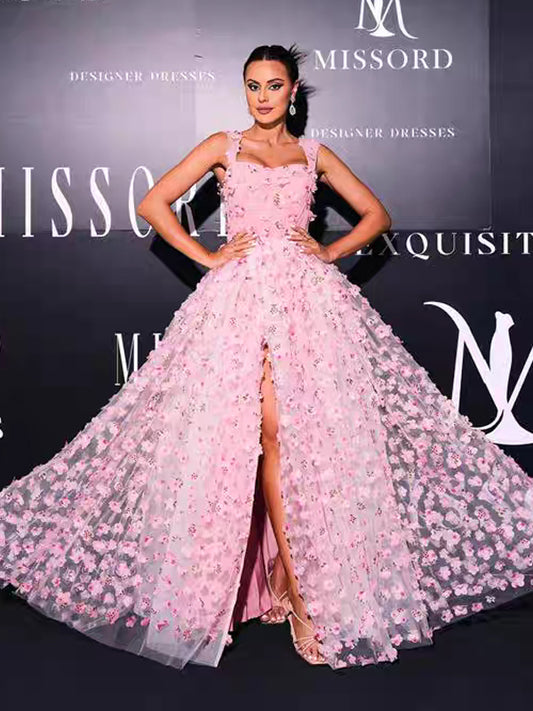 Pink 3D Floral Applique Tulle Romantic Showstopper for Gala,CP1080